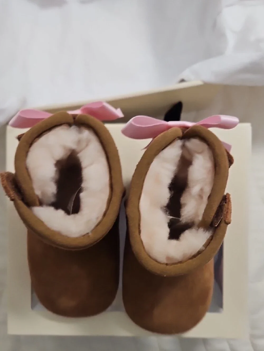 UGG Chestnut Suede Baby Booties with Pink Bows